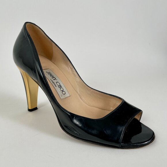Jimmy Choo Black Patent Leather Peeptoe Pumps With Gold Detail, Size 37 (7) - Picture 6 of 11